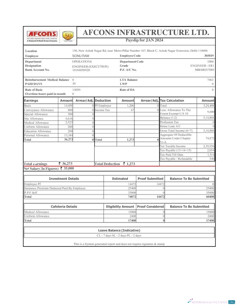 Download Afcons Infrastructure payslip template in Word and PDF formats.pdf, 1 Photoshop template